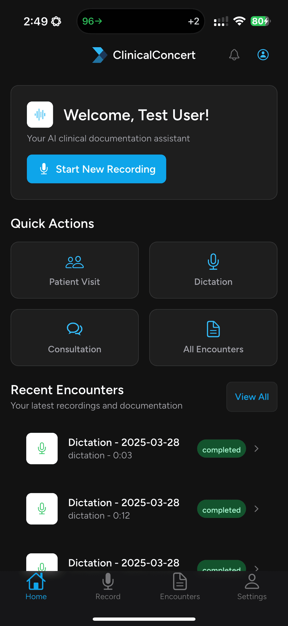 Mobile interface of ClinicalConcert AI medical scribe app showing options to start new recordings, document patient visits, consultations, and view recent clinical dictations from March 2025.