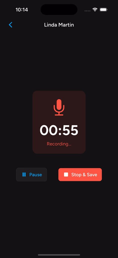 Voice recording screen in the Nextvisit AI medical documentation app, showing an active audio capture session for real-time note-taking.