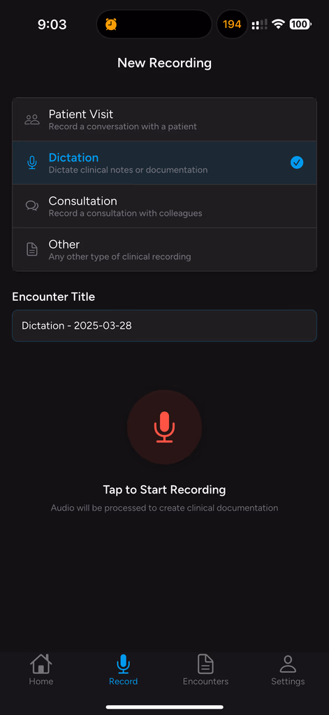 ClinicalConcert mobile interface for initiating a new clinical recording, with options for patient visit, dictation, consultation, and other types of encounters.