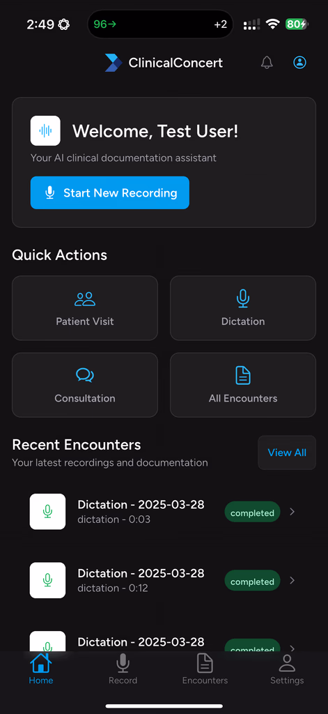 ClinicalConcert app home screen showing AI clinical documentation assistant greeting, quick action buttons for patient visit, dictation, and consultation.