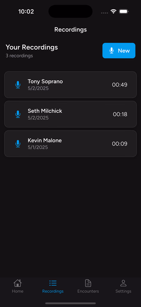 List of recent patient encounters in the Nextvisit AI app, displaying names and dates for Tony Soprano, Seth Milchick, and Kevin Malone.