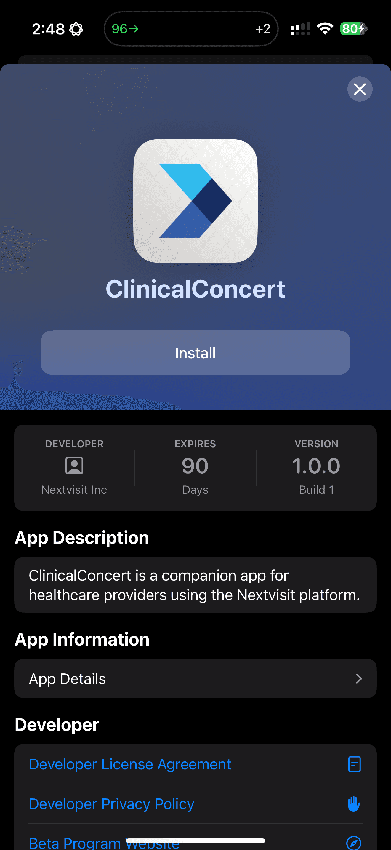 App Store listing for ClinicalConcert, the mobile companion app for Nextvisit AI, showing app details including developer, description, and install button.