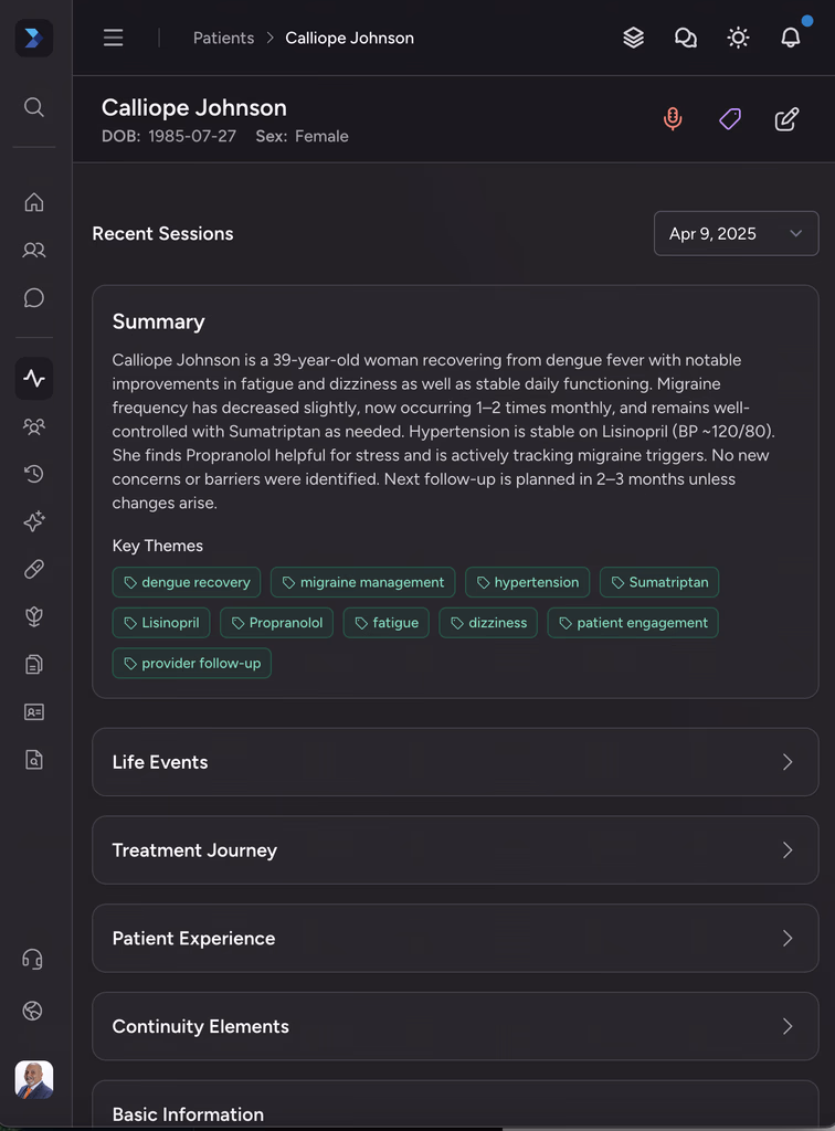 Patient profile view in the Nextvisit AI clinical platform showing a detailed medical summary for Calliope Johnson, including key themes like migraine management, hypertension treatment, and follow-up planning.