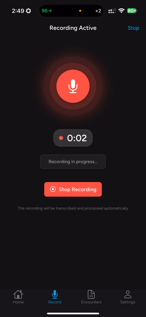 Live dictation screen in the ClinicalConcert companion app, displaying active recording timer and voice input interface for clinical note capture.
