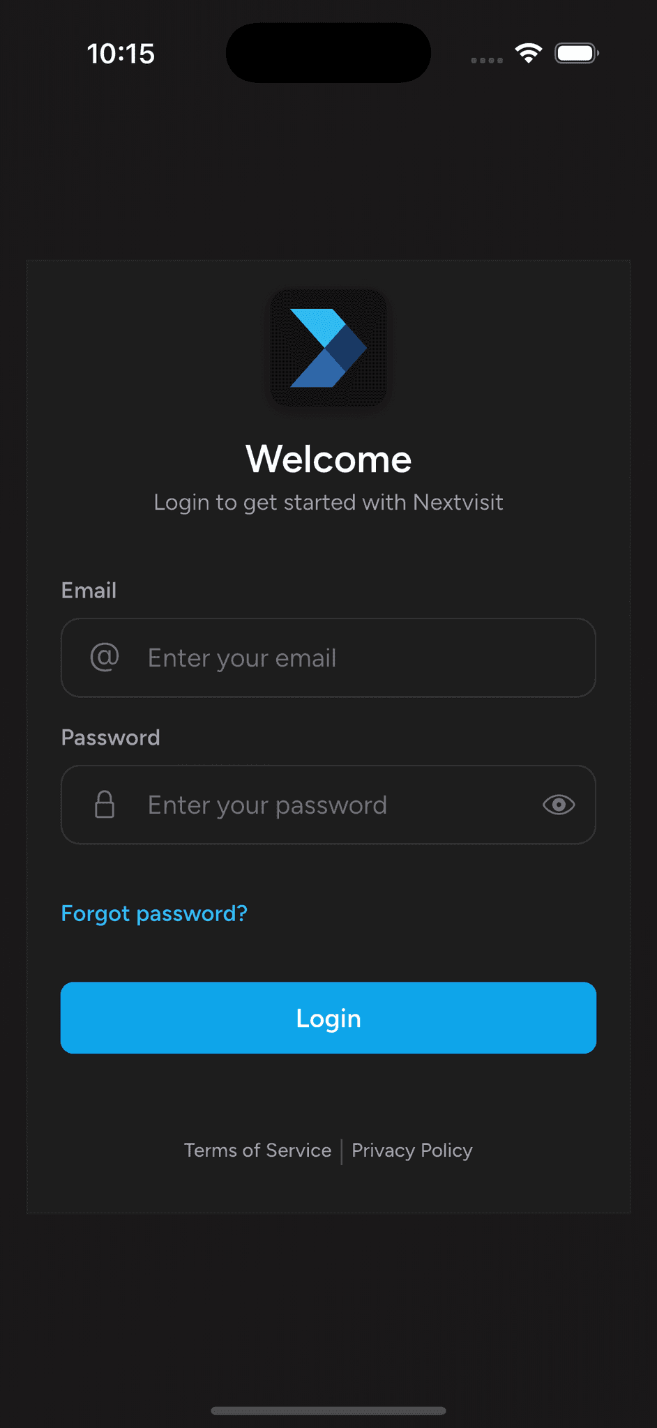 Login screen of the Nextvisit AI clinical documentation mobile app, displaying fields for email and password entry with a secure, modern dark-themed interface.