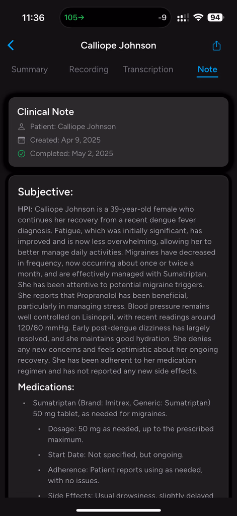 Auto-generated clinical note view in Nextvisit AI, summarizing patient history, symptoms, and medications for Calliope Johnson using AI-driven transcription.