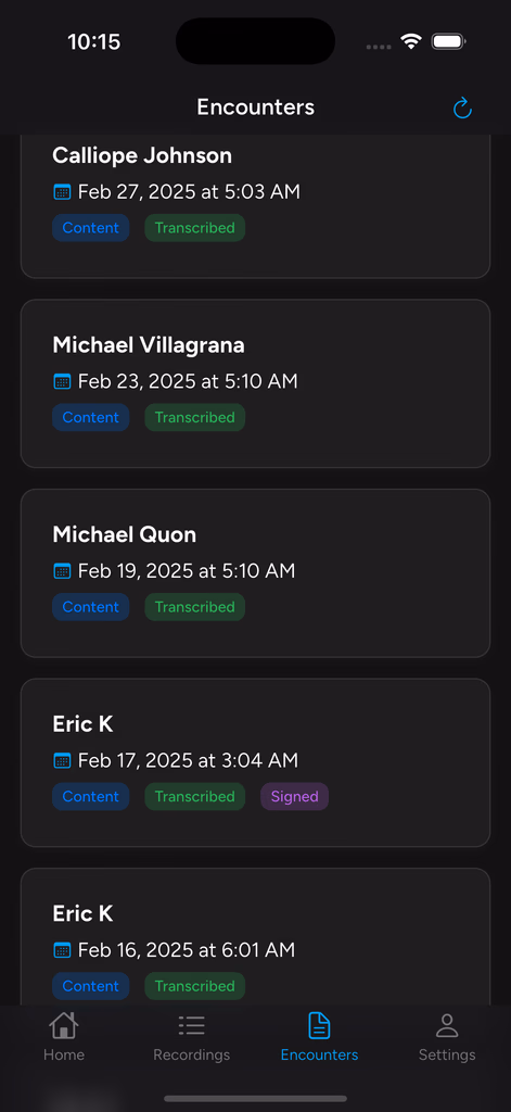 Encounter history screen in the Nextvisit AI clinical documentation app, showing transcribed patient visits with names, timestamps, and content status.